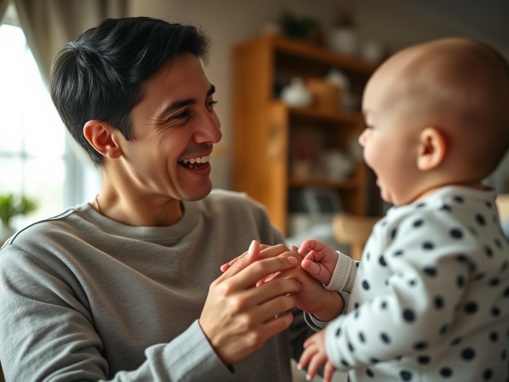 Părinte cântând și interacționând cu bebelușul de 3-4 luni, stimulând dezvoltarea copilului între 3 și 4 luni