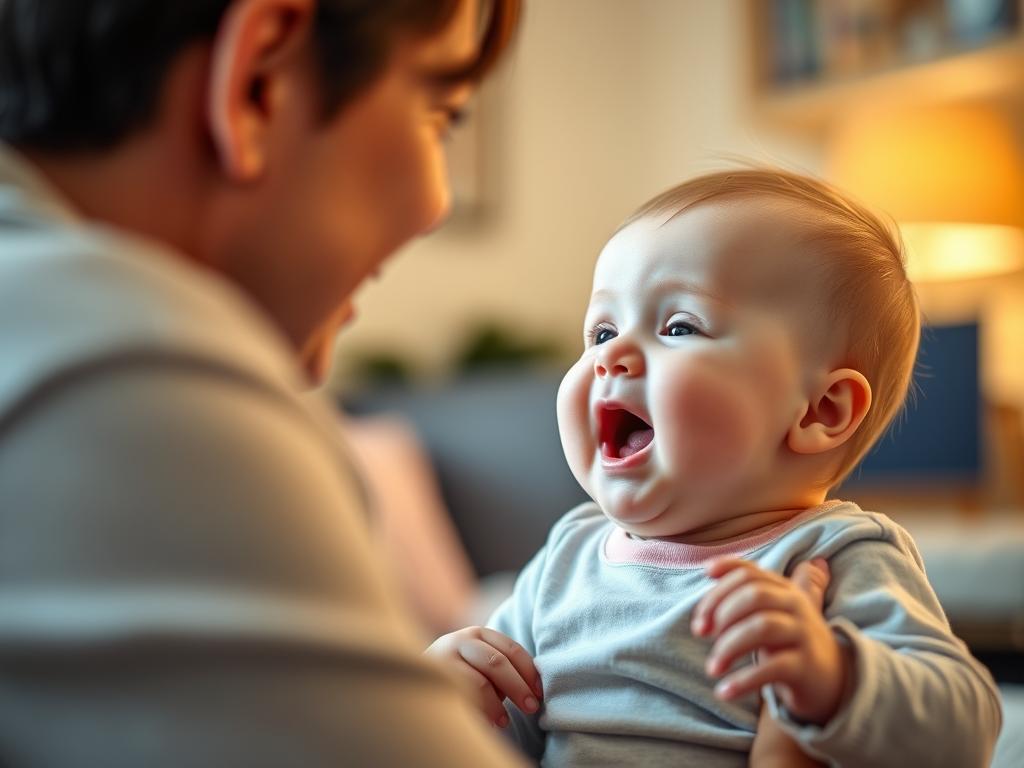 Bebeluș de 5-6 luni gângurind și interacționând cu părintele, arătând dezvoltarea copilului 5-6 luni