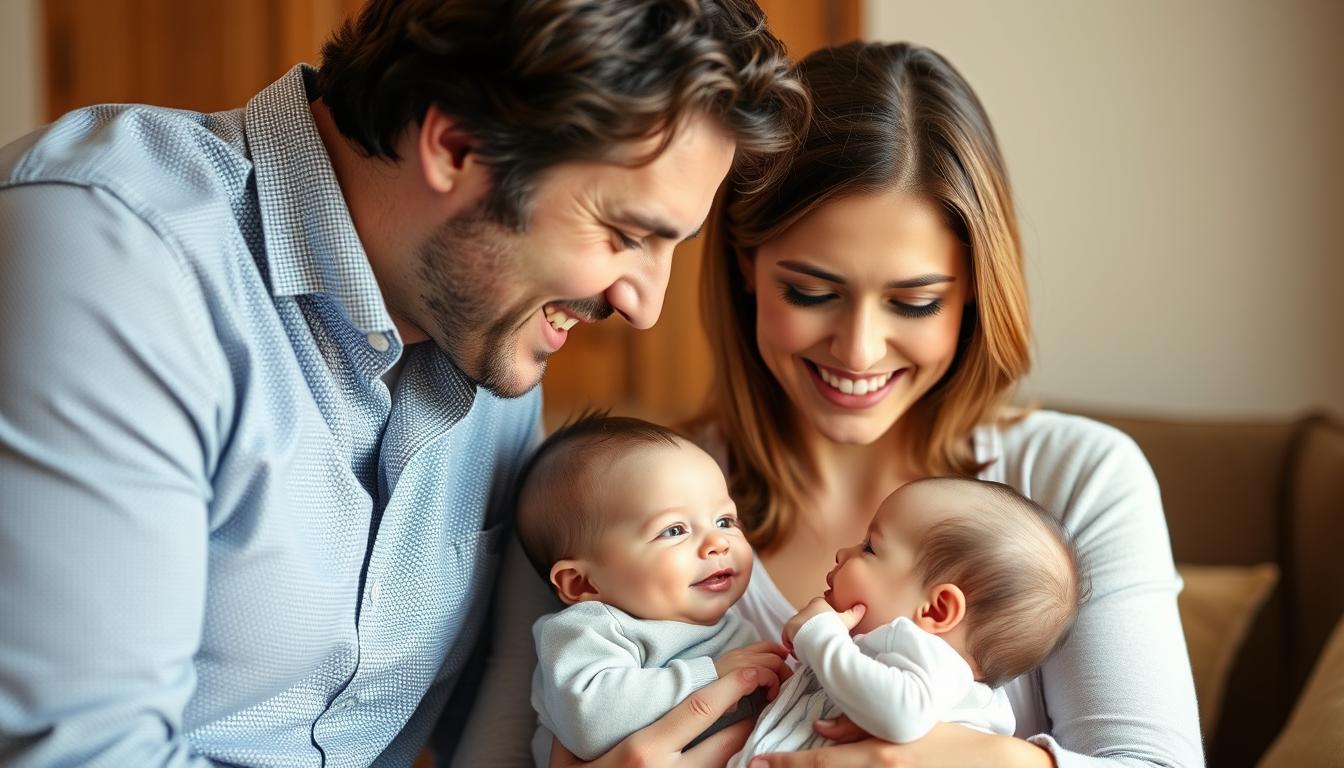 Familie fericită cu bebeluș de 2 luni, reprezentând împlinirea în dezvoltarea copilului 0-2 luni