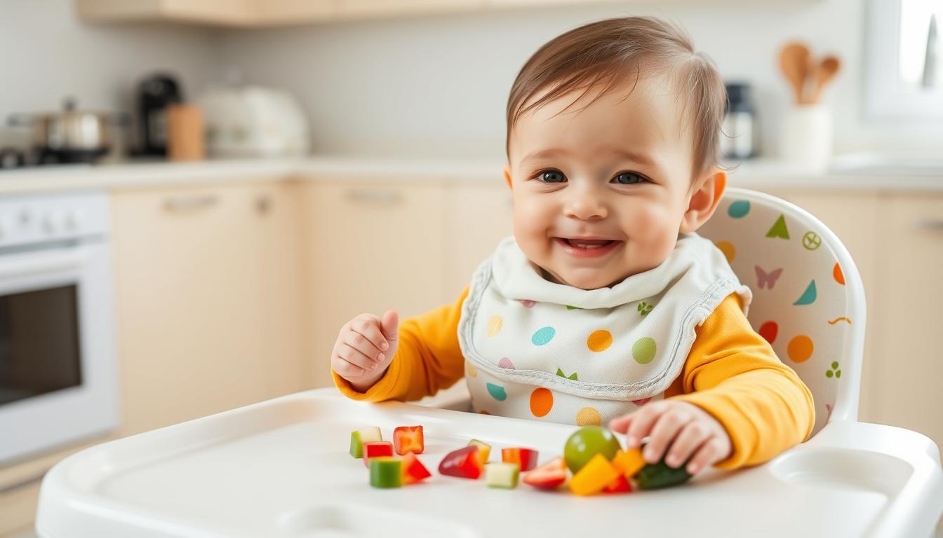 Bebeluș mâncând alimente solide, parte din dezvoltarea copilului între 7 și 10 luni