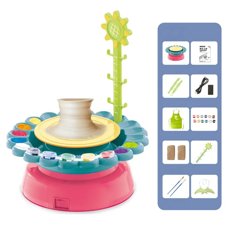 Set roata Olarului pentru copii, argila si multe culori, cablu USB, +6ani, 27x22 cm [6]