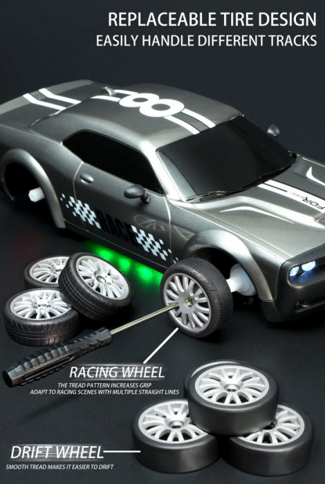 Masina cu telecomanda Mostop Drift 20km/h, 4x4, lumini LED, cauciucuri interschimbabile, incarcare USB, acumulator inclus 3.7V, 21x9x6.5cm [7]
