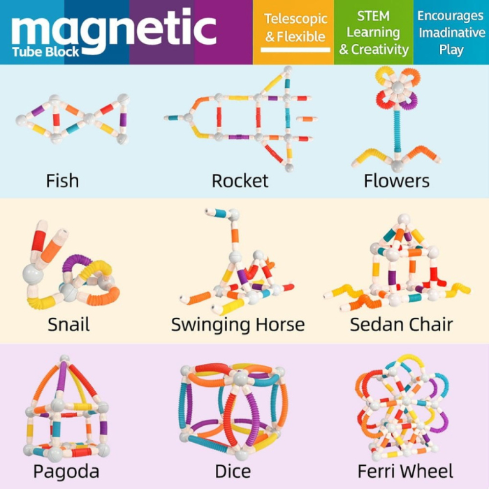 Set de constructii 3D magnetic, cu bile si tuburi flexibile, joc educativ STEM, 108 / 57 piese [6]