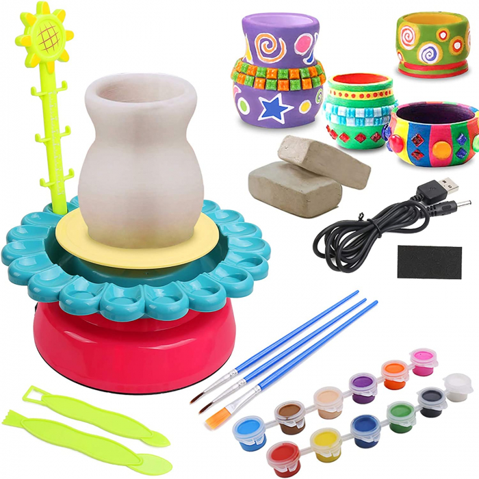 Set roata Olarului pentru copii, argila si multe culori, cablu USB, +6ani, 27x22 cm [2]