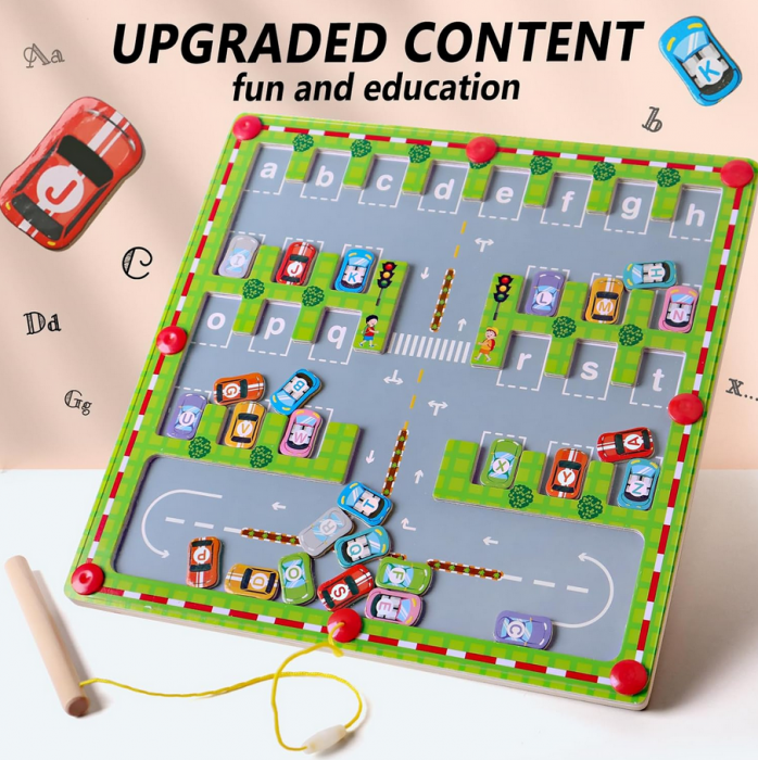 Labirint cu masini magnetice inscriptionate cu litere, parcheaza masina pe litera corecta cu pixul magnetic, 30x30x1.5cm [6]