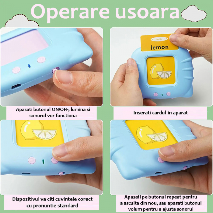 Aparat de Invatat Limba Engleza Tip Pisica cu 112 Carduri Pentru Copii.Dispozitiv cu Functie Vocala. Roz / Albastru [3]