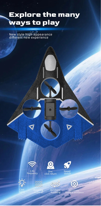 Avion-Drona RC, senzor obstacole, lumini LED, 4 motoare cu electrice, incarcare USB, acumulator inclus, 24.5x21x5 cm [3]