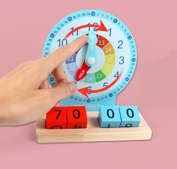 Jucarie Educativa si Interactiva Montessori, Ceas din Lemn cu Alarma, Diferite Forme Geometrice si Cartonase Multicolore [3]