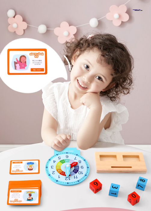 Jucarie Educativa si Interactiva Montessori, Ceas din Lemn cu Alarma, Diferite Forme Geometrice si Cartonase Multicolore [4]