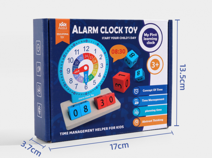 Jucarie Educativa si Interactiva Montessori, Ceas din Lemn cu Alarma, Diferite Forme Geometrice si Cartonase Multicolore [2]
