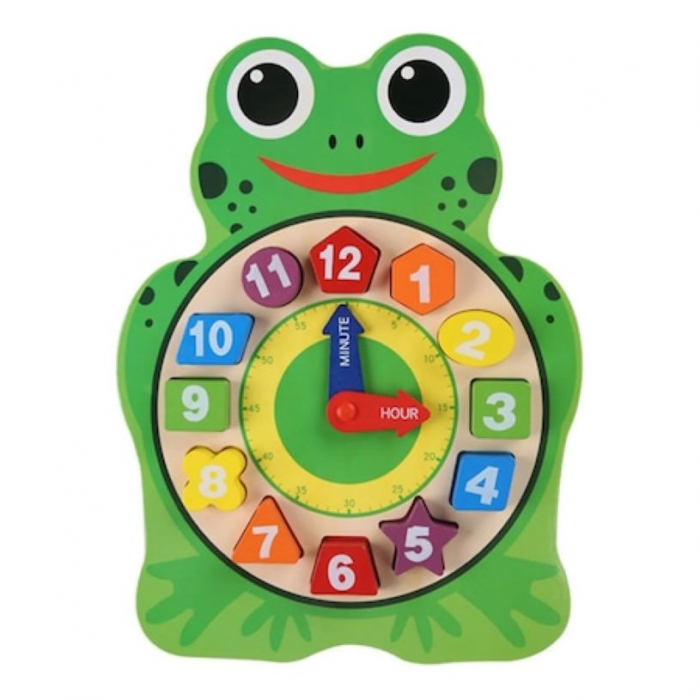 Ceas Montessori din Lemn cu Forme Geometrice si Numere, 29.2x21.7 cm, + 3 Ani, Broasca/Bufnita [1]