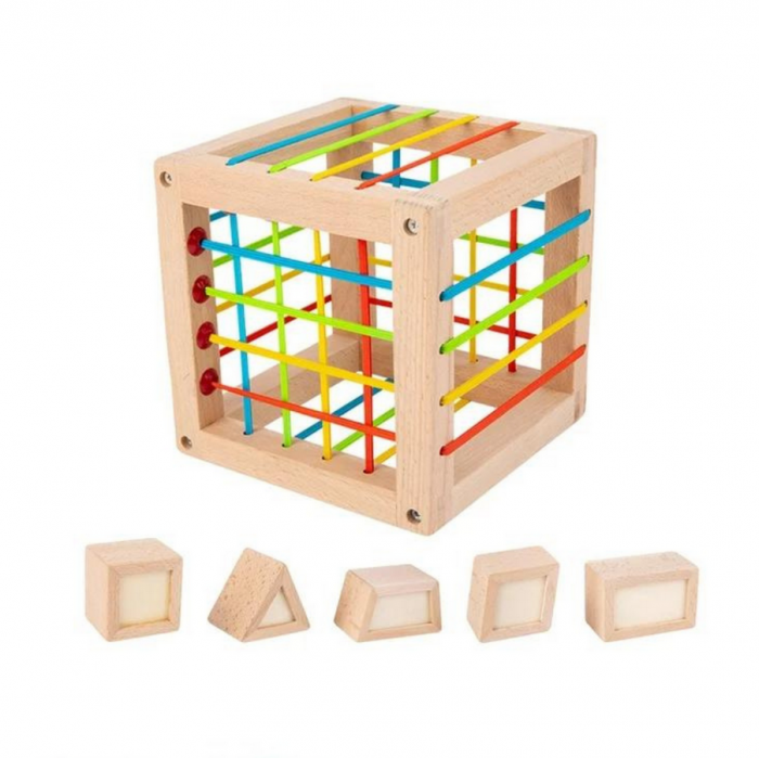 Cub Educativ 2 in 1, sortator forme si benzi elastice,15 x 15 x 15 cm. [2]