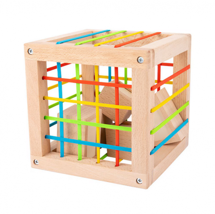 Cub Educativ 2 in 1, sortator forme si benzi elastice,15 x 15 x 15 cm. [7]