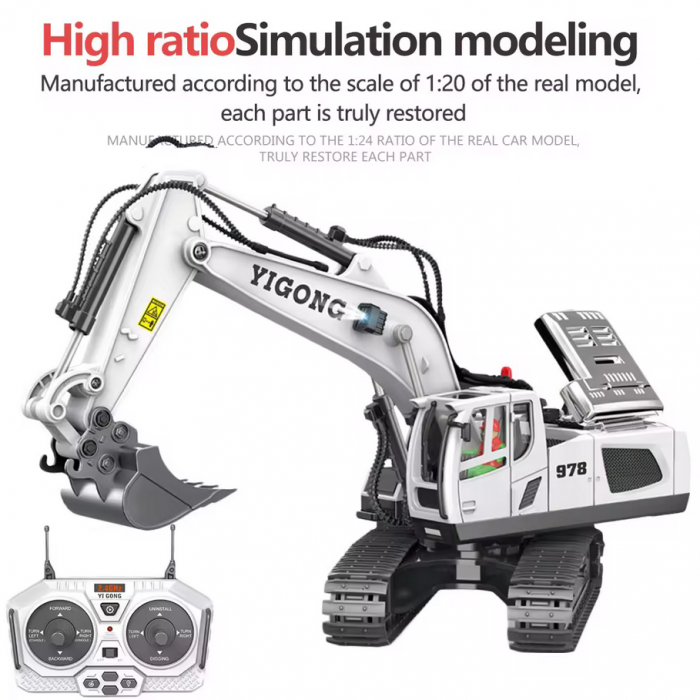Excavator cu telecomanda, sunete si lumini LED, multiple functii si detalii bine definite, incarcare USB, acumulator inclus. 28x10.5x28cm [3]
