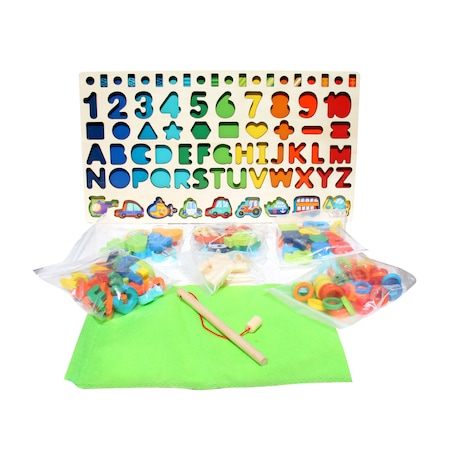 Joc de lemn 7 in 1 Vehicle Toys Montessori logaritmic, litere, cifre, forme geometrice, vehicule, pestisori magnetici de pescuit si cerculete de sortat [3]