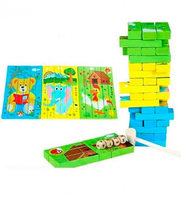 Joc Interactiv 2 in 1, Puzzle din Lemn Multifunctional, Jenga Turnul Instabil [5]
