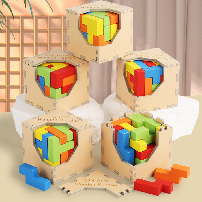 Puzzle tetris cub din lemn, 25 piese, 7x7x7 cm [2]