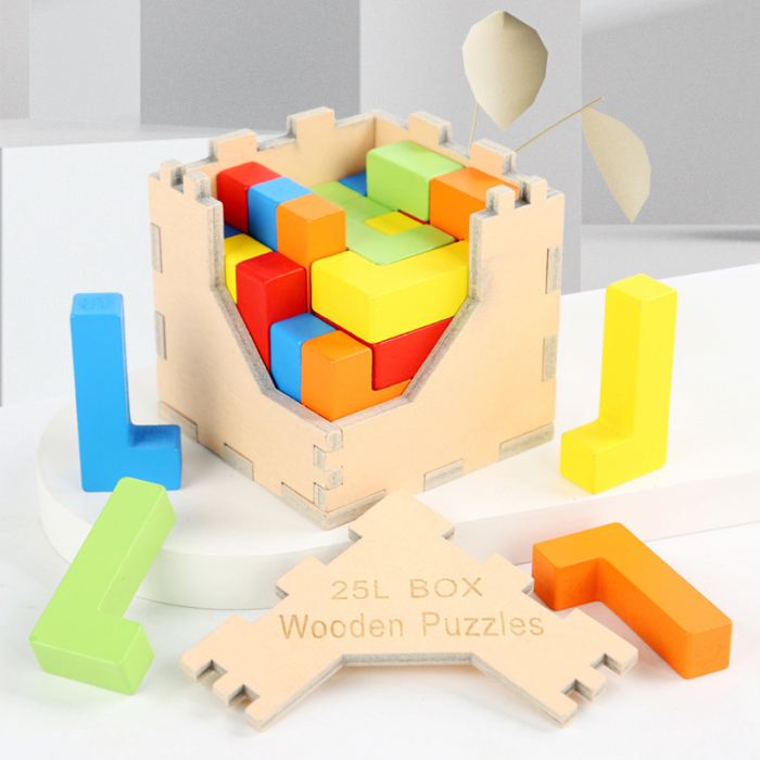 Puzzle tetris cub din lemn, 25 piese, 7x7x7 cm [9]