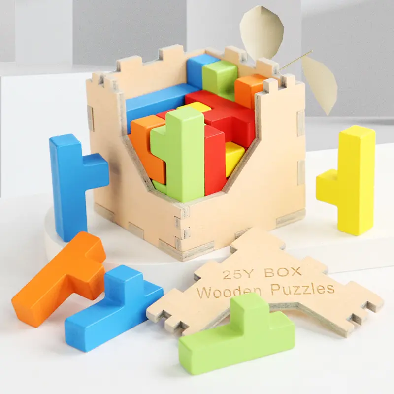 Puzzle tetris cub din lemn, 25 piese, 7x7x7 cm [8]