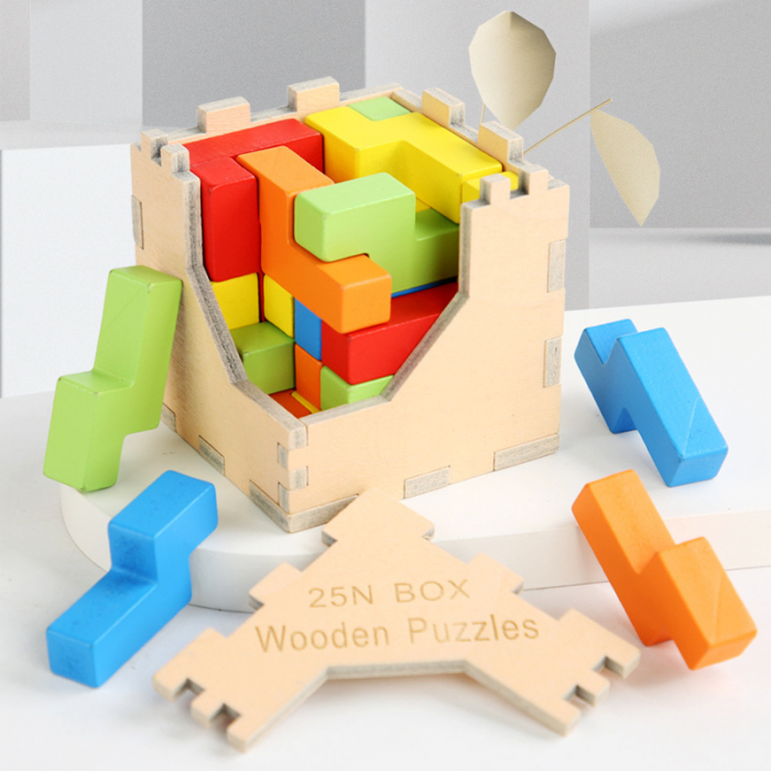 Puzzle tetris cub din lemn, 25 piese, 7x7x7 cm [10]