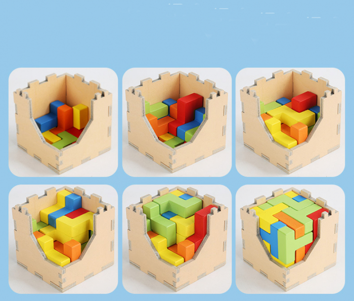 Puzzle tetris cub din lemn, 25 piese, 7x7x7 cm [7]