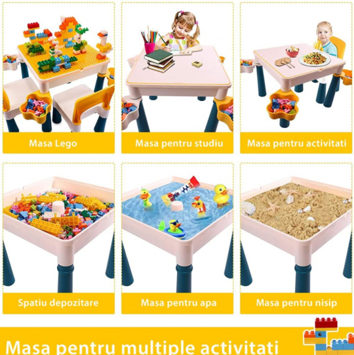 Masa activitati tip lego duplo pentru copii ,1 scaunel, 102 piese si 2 cutii depozitare,ajustabila,37.5 x 24.5 x 37.5 cm [2]