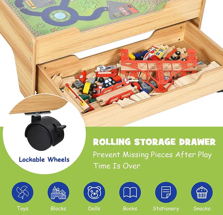 Masa de joaca cu sertar, circuit cu trenulet din lemn si accesorii, Onshine, 100piese, 78 x 63 x 33 cm [4]