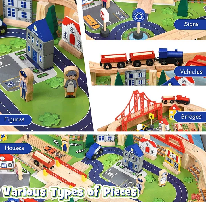 Masa de joaca cu sertar, circuit cu trenulet din lemn si accesorii, Onshine, 100piese, 78 x 63 x 33 cm [6]