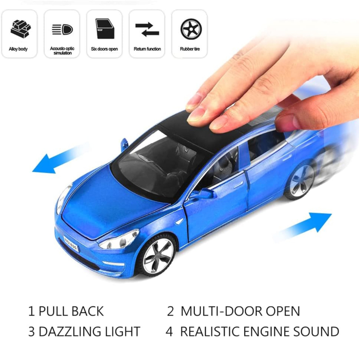 Masina metalica Tesla Model X, lumini si sunete, usi-capota-portbagaj mobile, 3+ ani, 15×7×5.5 cm, albastru [5]