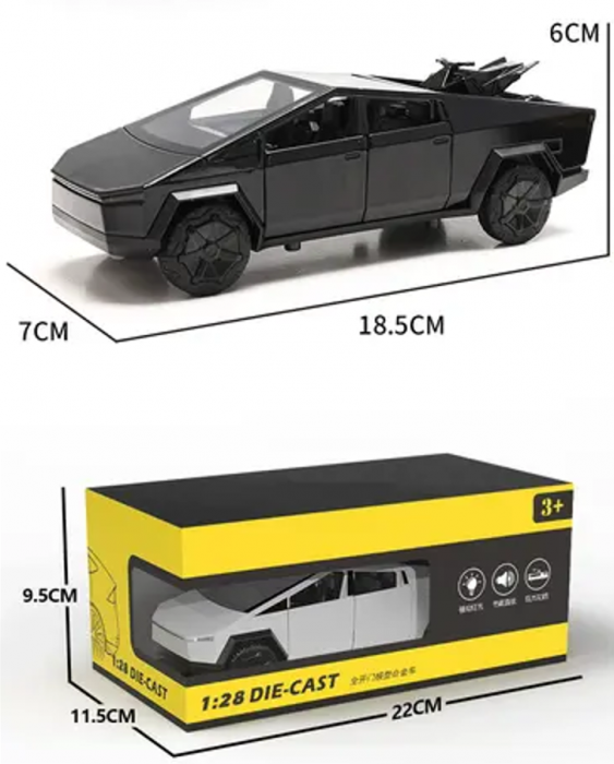 Masina metalica tip Tesla Cybertruck cu ATV, sunete realistice, Farurile si stopurile lumineaza, Usile, capota si portbagajul se deschid, 18,5x7x6cm. [4]