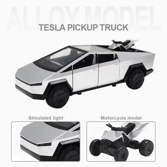 Masina metalica tip Tesla Cybertruck cu ATV, sunete realistice, Farurile si stopurile lumineaza, Usile, capota si portbagajul se deschid, 18,5x7x6cm. [6]