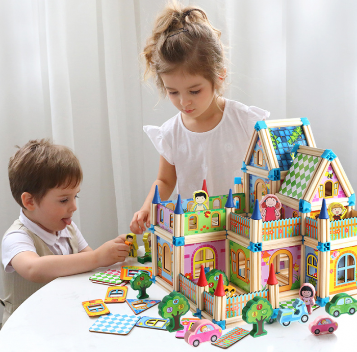 Micul arhitect - Set blocuri de construit din lemn, 128 piese, Montessori [2]