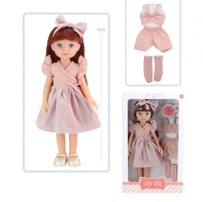 Papusa Little Milly cu bentita, rochie, un set de pijamale si incaltari detasabile, 33 cm [2]