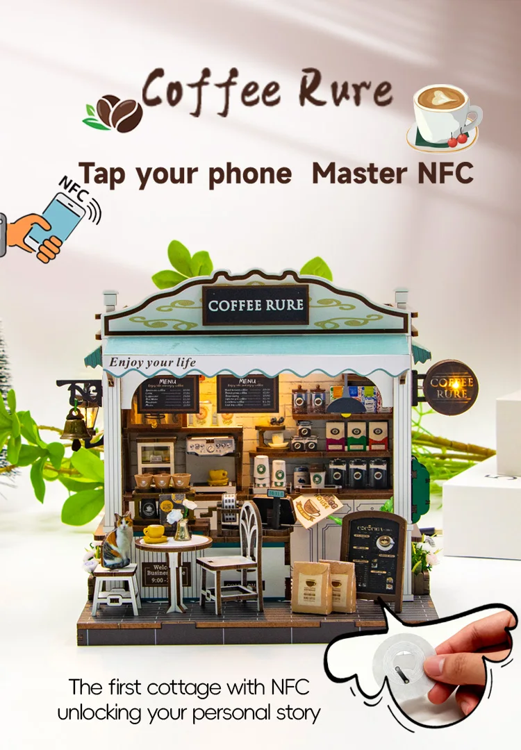 Puzzle 3D, Casa de papusi in miniatura DIY, Coffee Rure cu LED si NFC, 19.5x16.5x14 cm [3]