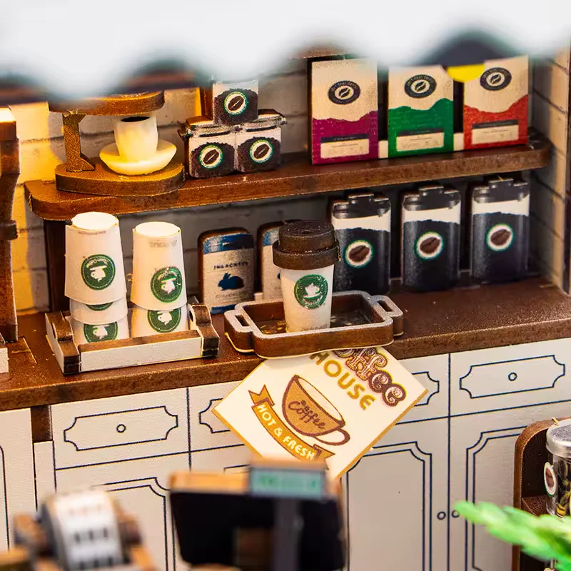 Puzzle 3D, Casa de papusi in miniatura DIY, Coffee Rure cu LED si NFC, 19.5x16.5x14 cm [5]