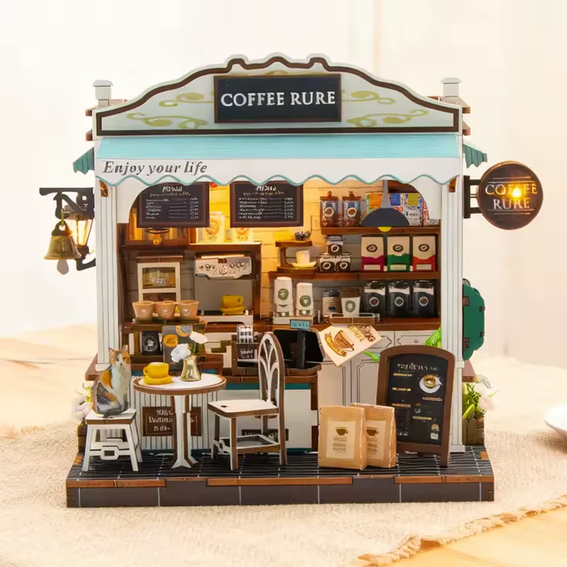 Puzzle 3D, Casa de papusi in miniatura DIY, Coffee Rure cu LED si NFC, 19.5x16.5x14 cm [7]