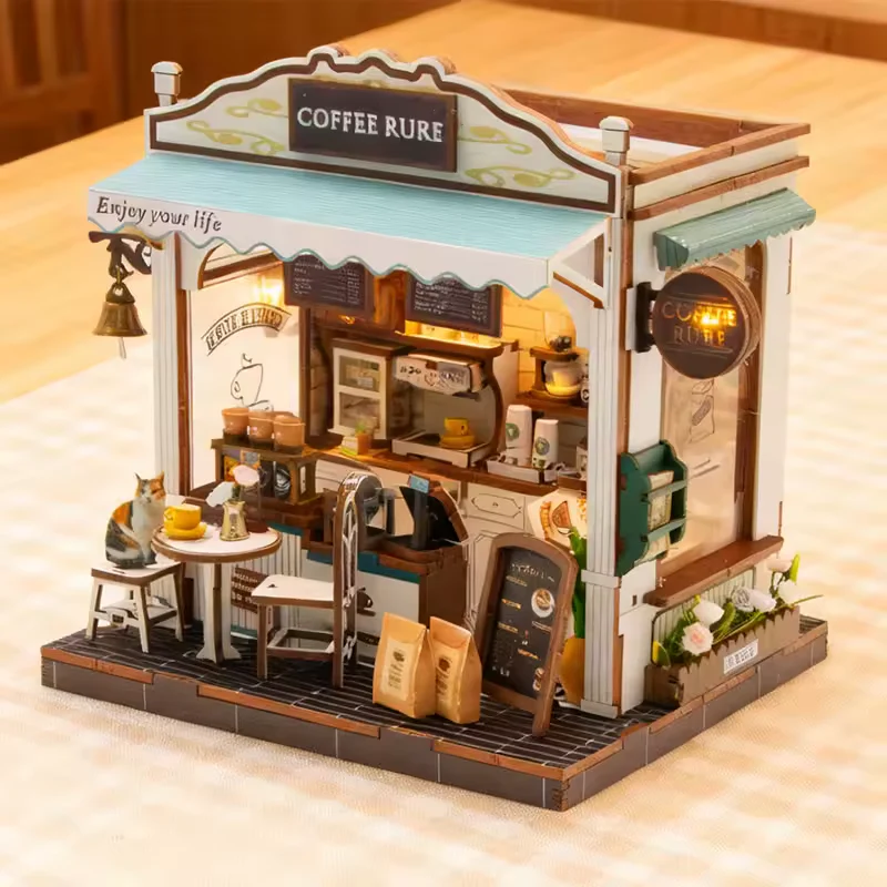 Puzzle 3D, Casa de papusi in miniatura DIY, Coffee Rure cu LED si NFC, 19.5x16.5x14 cm [6]