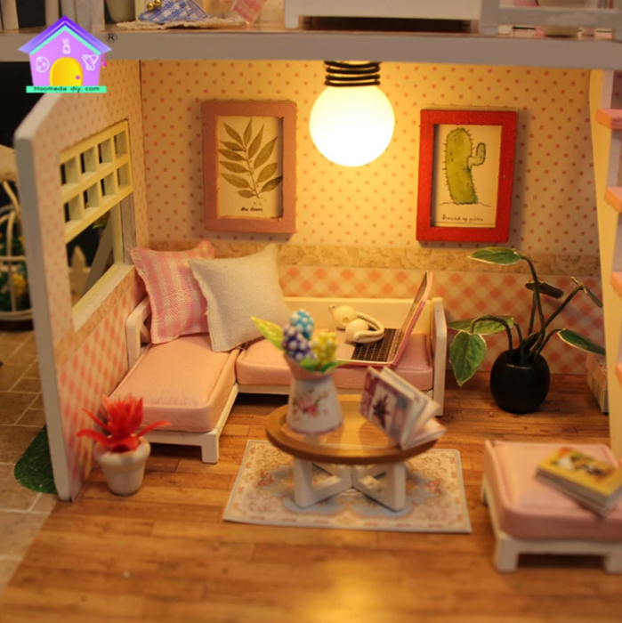 Puzzle 3D, Casa de papusi in miniatura DIY, Pink Loft Doll, 17x12x12cm [2]