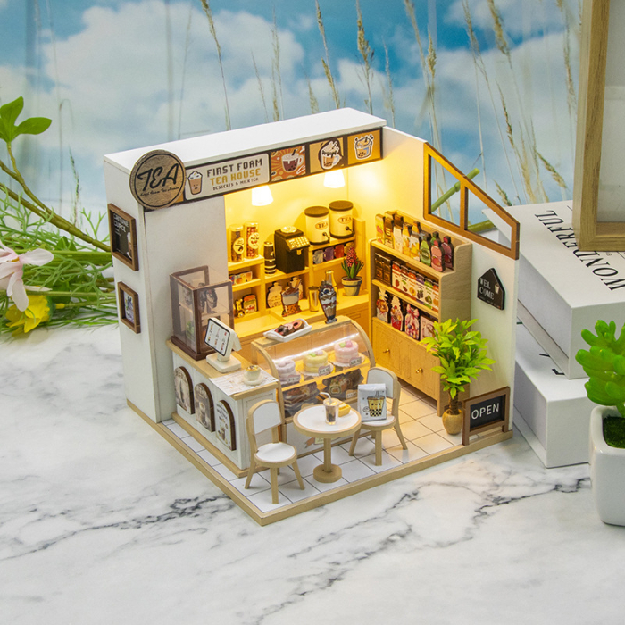 Puzzle 3D, Casa de papusi in miniatura DIY, Tea Shop cu LED si NFC, 16.5x16x16.5 cm [6]