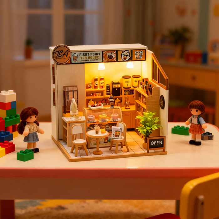 Puzzle 3D, Casa de papusi in miniatura DIY, Tea Shop cu LED si NFC, 16.5x16x16.5 cm [5]