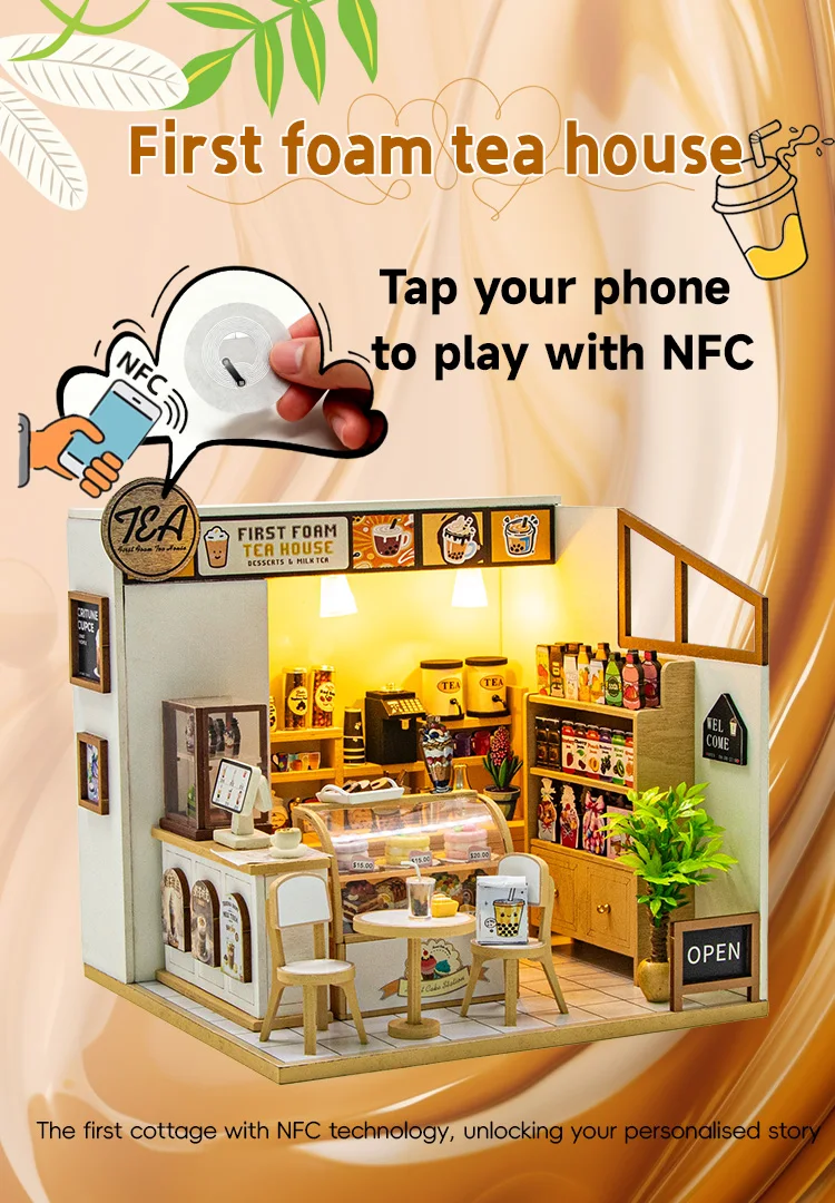 Puzzle 3D, Casa de papusi in miniatura DIY, Tea Shop cu LED si NFC, 16.5x16x16.5 cm [4]