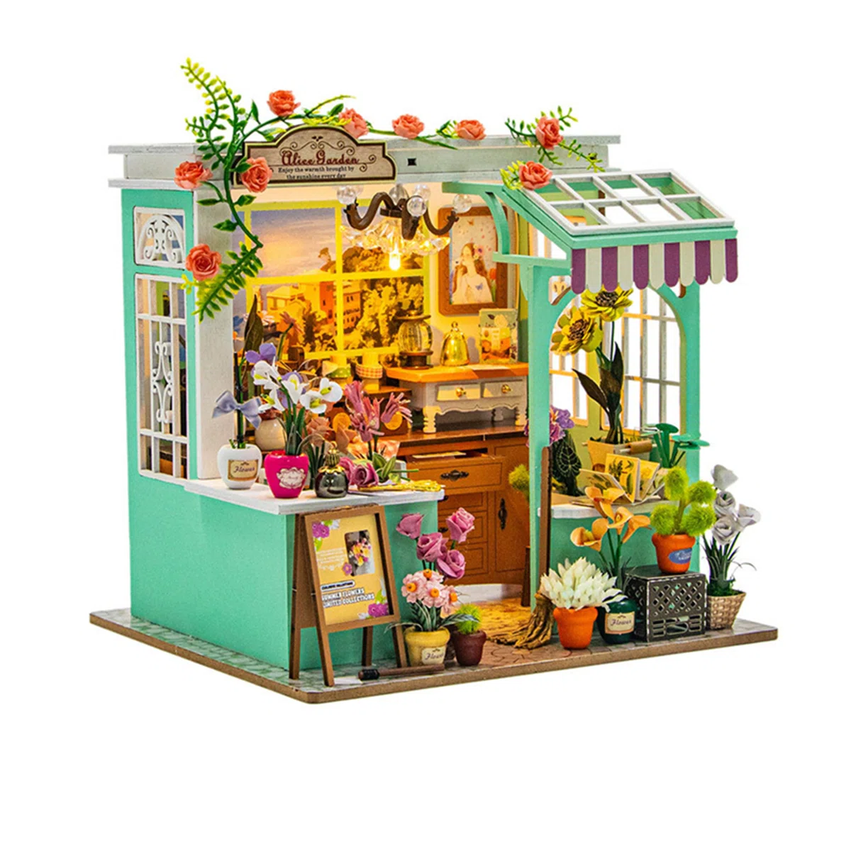 Puzzle 3D, Casa de papusi in miniatura DIY, Alice Garden cu LED si NFC, 16 x 14,5 x 16,5 cm [2]