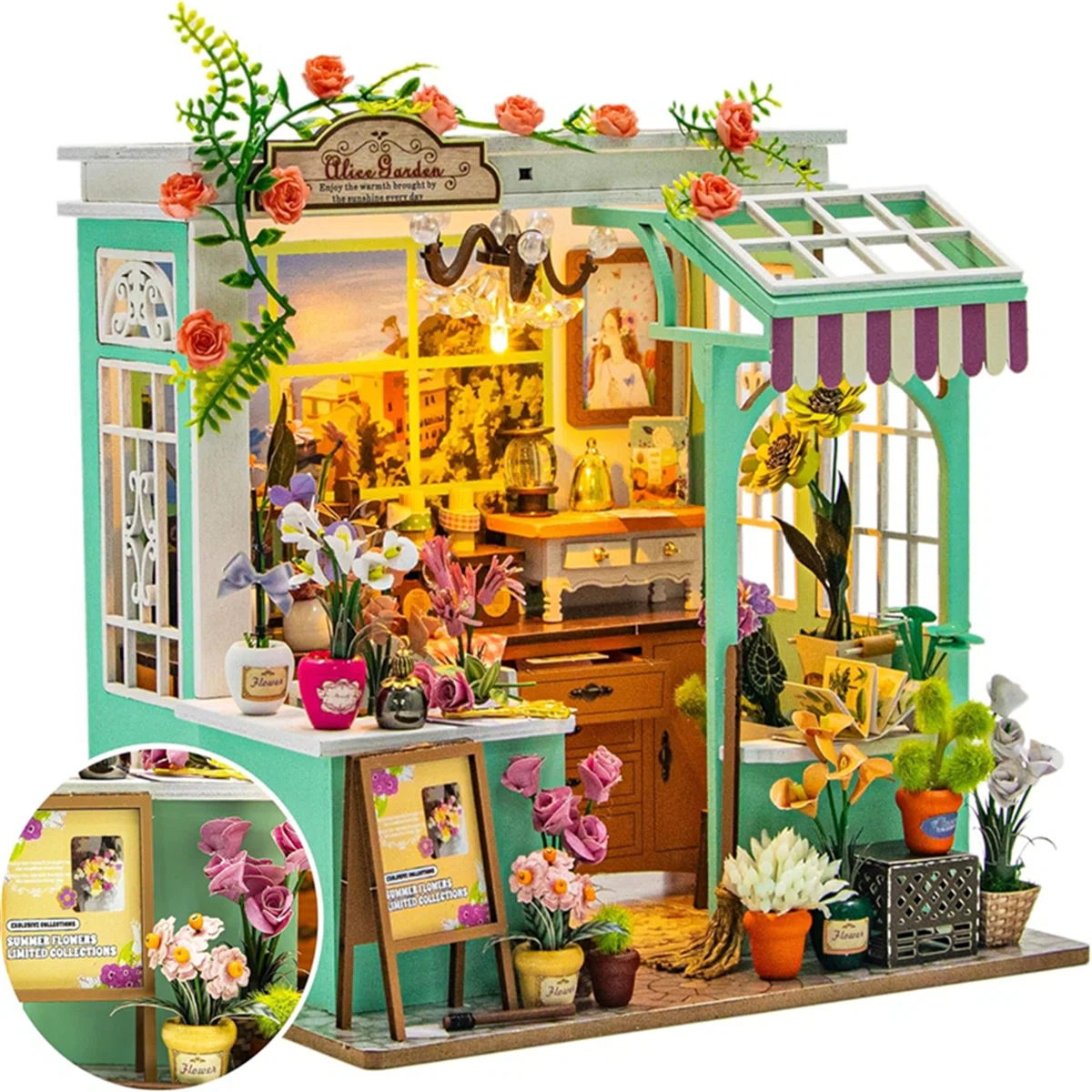 Puzzle 3D, Casa de papusi in miniatura DIY, Alice Garden cu LED si NFC, 16 x 14,5 x 16,5 cm [3]