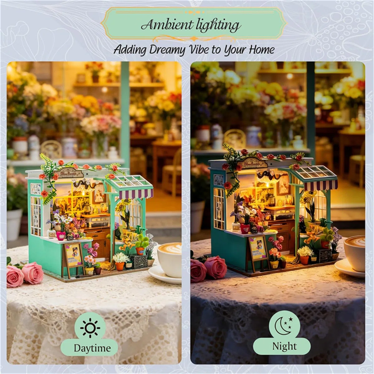 Puzzle 3D, Casa de papusi in miniatura DIY, Alice Garden cu LED si NFC, 16 x 14,5 x 16,5 cm [4]