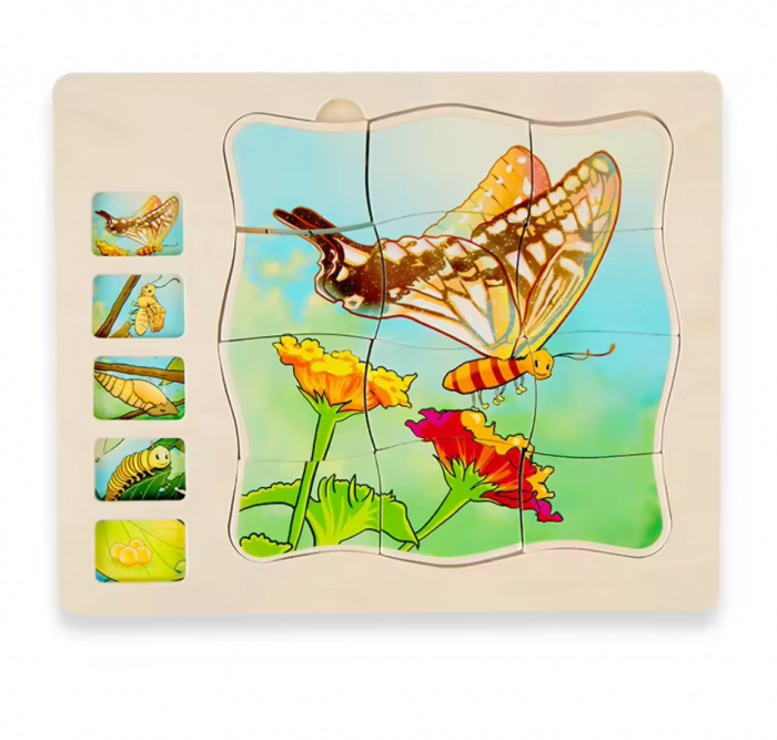 Puzzle din lemn in 5 straturi cu ciclul de viata al fluturelui, 22x18x2cm [2]