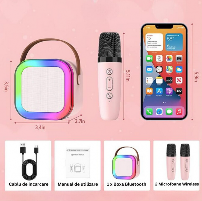 Set Boxa BT Karaoke, 2 Microfoane, Pentru Adulti si Copii, Lumini, efecte vocale [2]