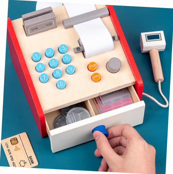 Set casa de marcat din lemn jucarie educativa pentru copii, 16 x 16 x 11 cm [6]