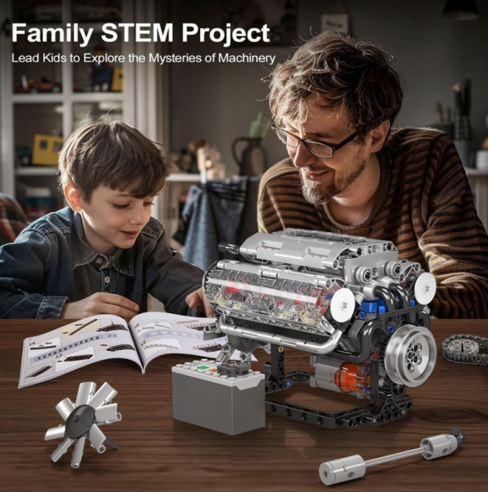 Motor Clasic V8,  Kit STEM cu Design si Funcții Reale, 552 piese, functie baterii, Ideal pentru adulti si  Copii + 14 ani [5]