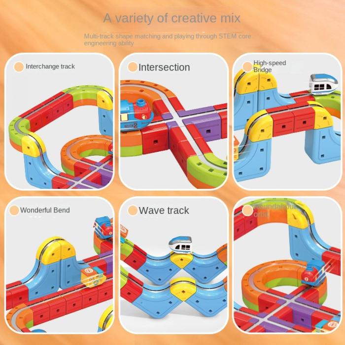 Set Tren Magnetic 3D cu 150 Piese, Traseu cu Pante, Buclă, Poduri și Cuburi Colorate, Jucarie Educativa, 3-8 ani [4]