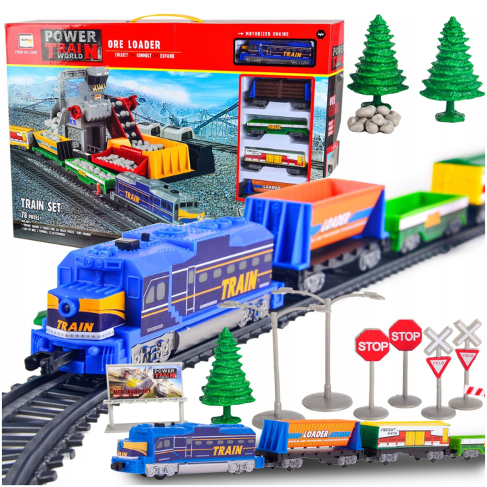 Trenulet electric Train World, 68 piese, sunete, lumini, 1 locomotiva, 4 vagoane, mina, semne feroviare, accesorii, 762 cm [3]